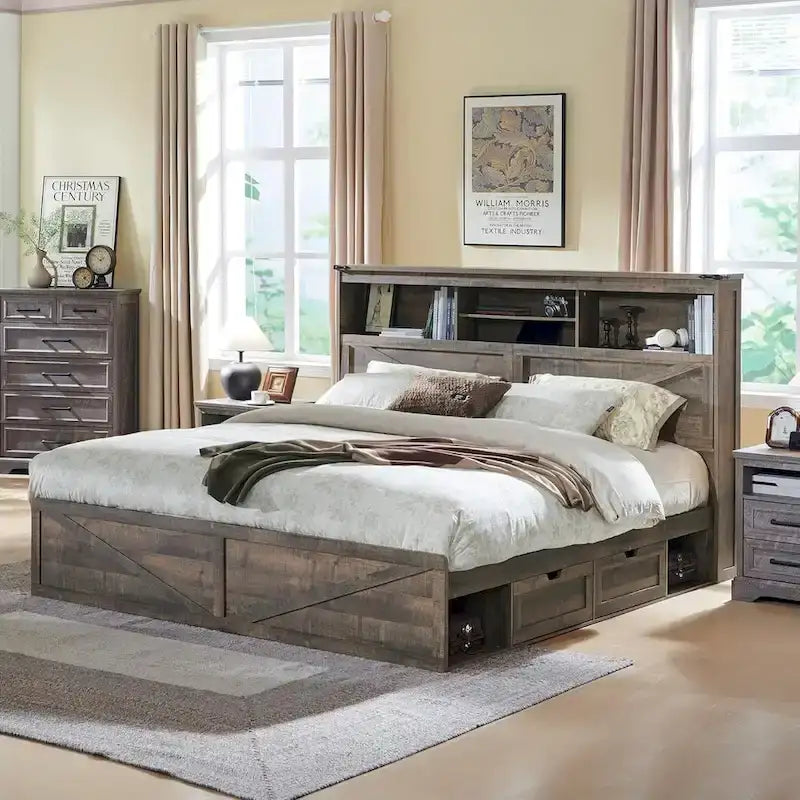 Cadre de lit double King Size en bois de style Ferme avec tête de lit de rangement et tiroirs