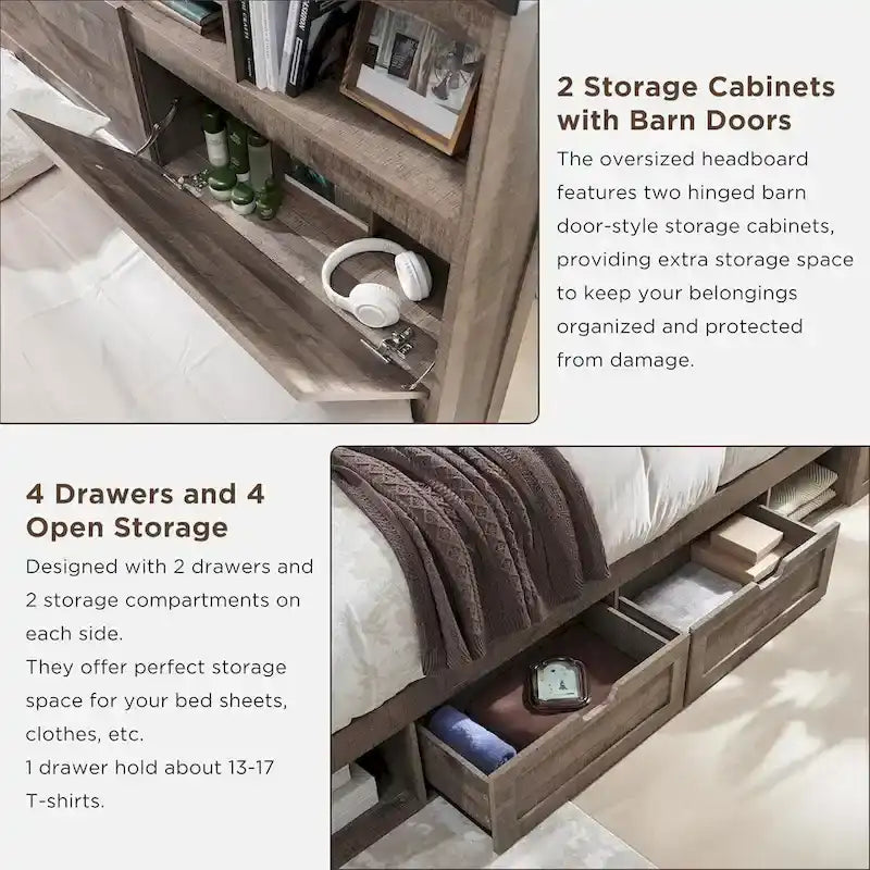 Cadre de lit double King Size en bois de style Ferme avec tête de lit de rangement et tiroirs