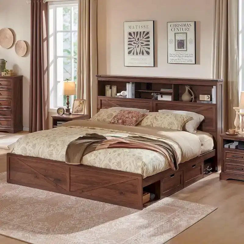 Cadre de lit double King Size en bois de style Ferme avec tête de lit de rangement et tiroirs