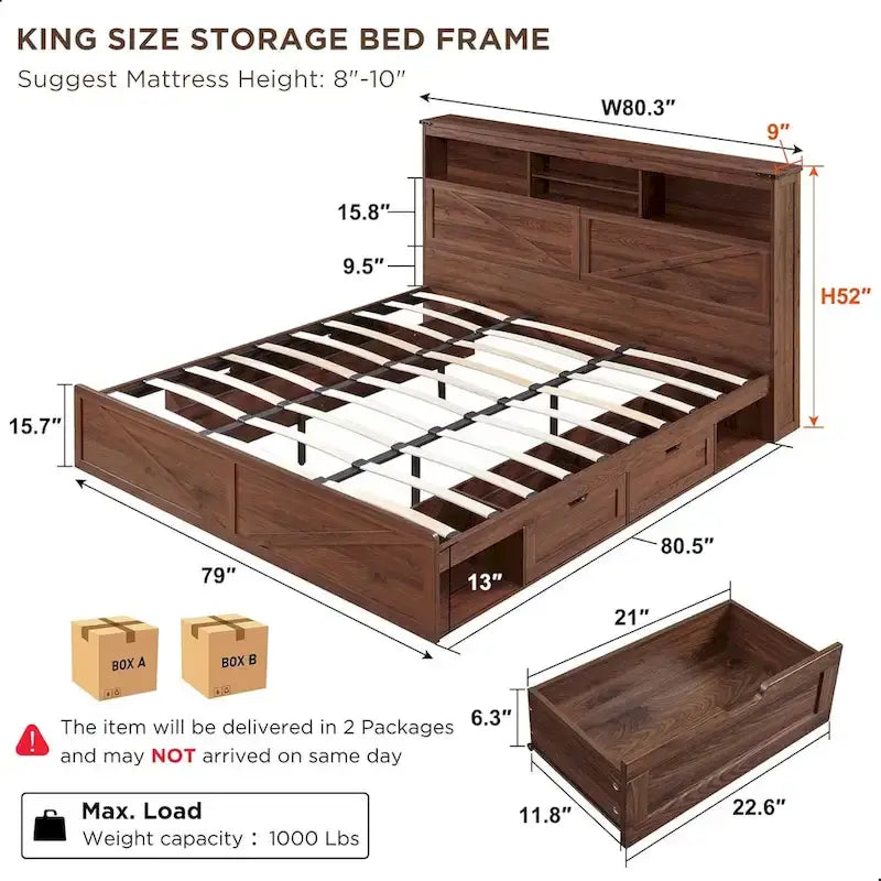 Cadre de lit double King Size en bois de style Ferme avec tête de lit de rangement et tiroirs