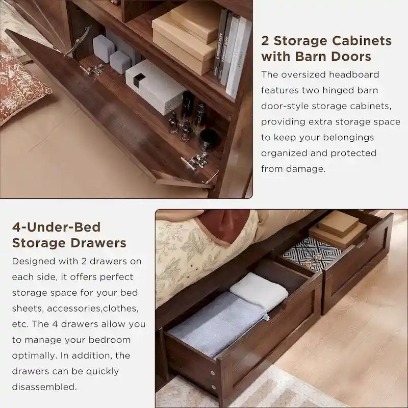 Cadre de lit double King Size en bois de style Ferme avec tête de lit de rangement et tiroirs