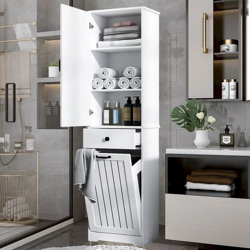 Meuble de buanderie avec portes et 1 tiroir, panier à linge basculant, étagère réglable, armoire à linge
