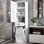 Meuble de buanderie avec portes et 1 tiroir, panier à linge basculant, étagère réglable, armoire à linge