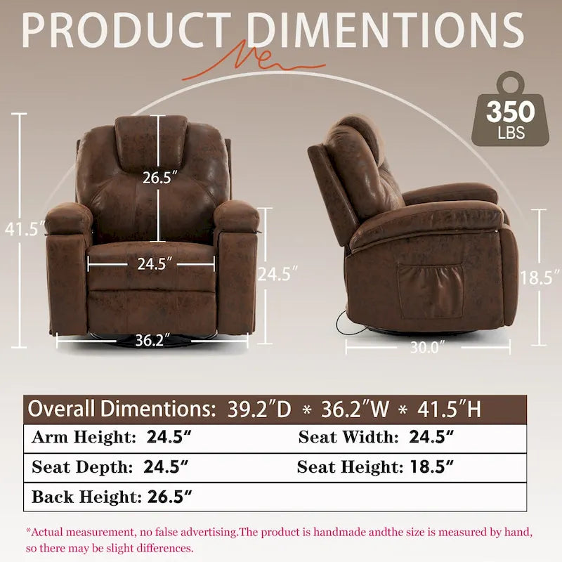 Fauteuil inclinable pivotant oversize avec porte-gobelet et poche latérale
