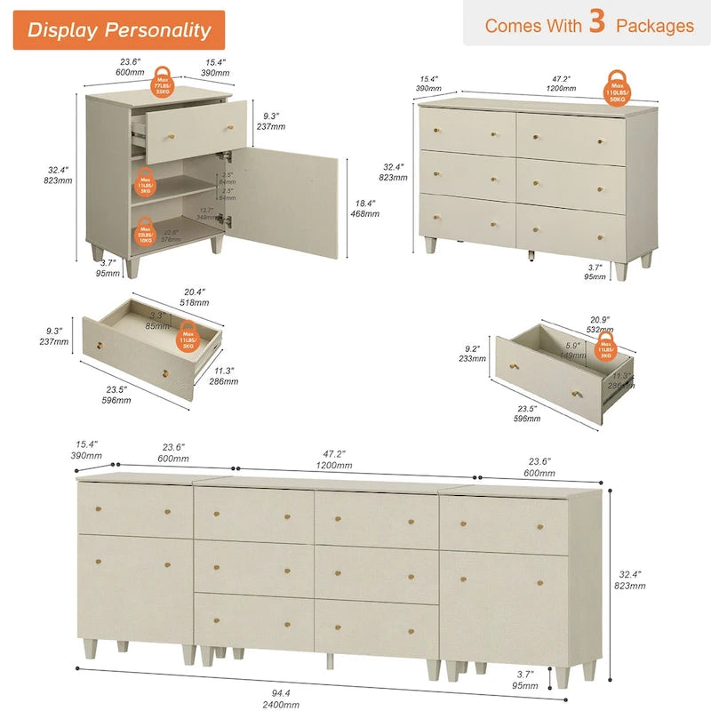 Commode de rangement 3-en-1 avec 8 tiroirs et 2 portes pour chambre à coucher