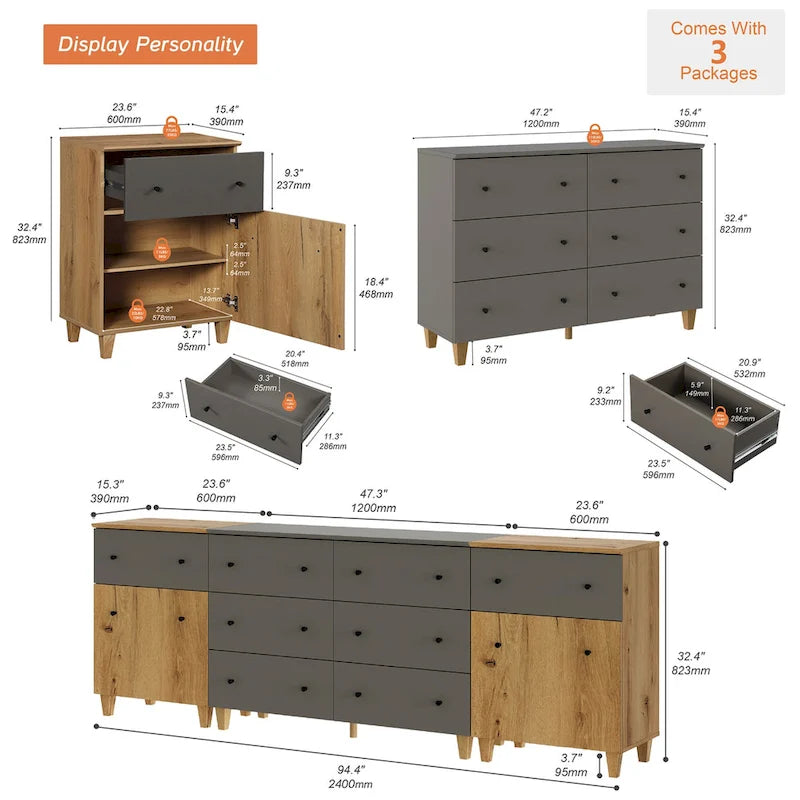 Commode de rangement 3-en-1 avec 8 tiroirs et 2 portes pour chambre à coucher