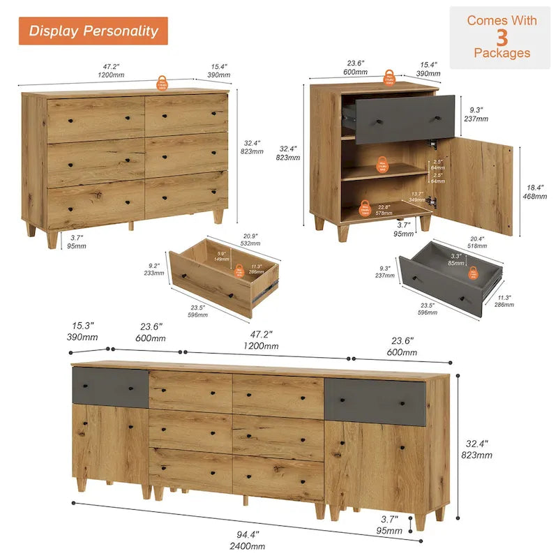 Commode de rangement 3-en-1 avec 8 tiroirs et 2 portes pour chambre à coucher