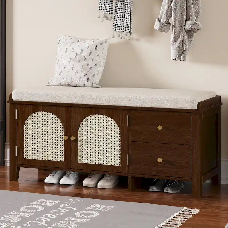 Banc à chaussures vintage avec coussin, 2 tiroirs et 2 portes en rotin