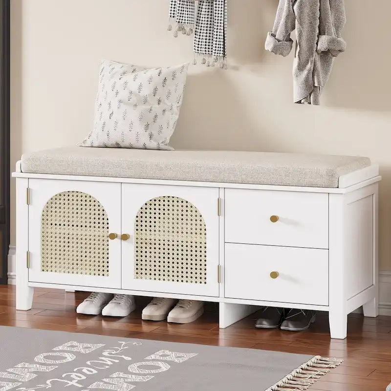 Banc à chaussures vintage avec coussin, 2 tiroirs et 2 portes en rotin