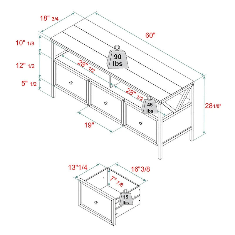 Meuble TV rustique à 3 tiroirs de 152 cm