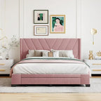 Lit de rangement Queen Size, plateforme capitonnée en lin avec 3 tiroirs