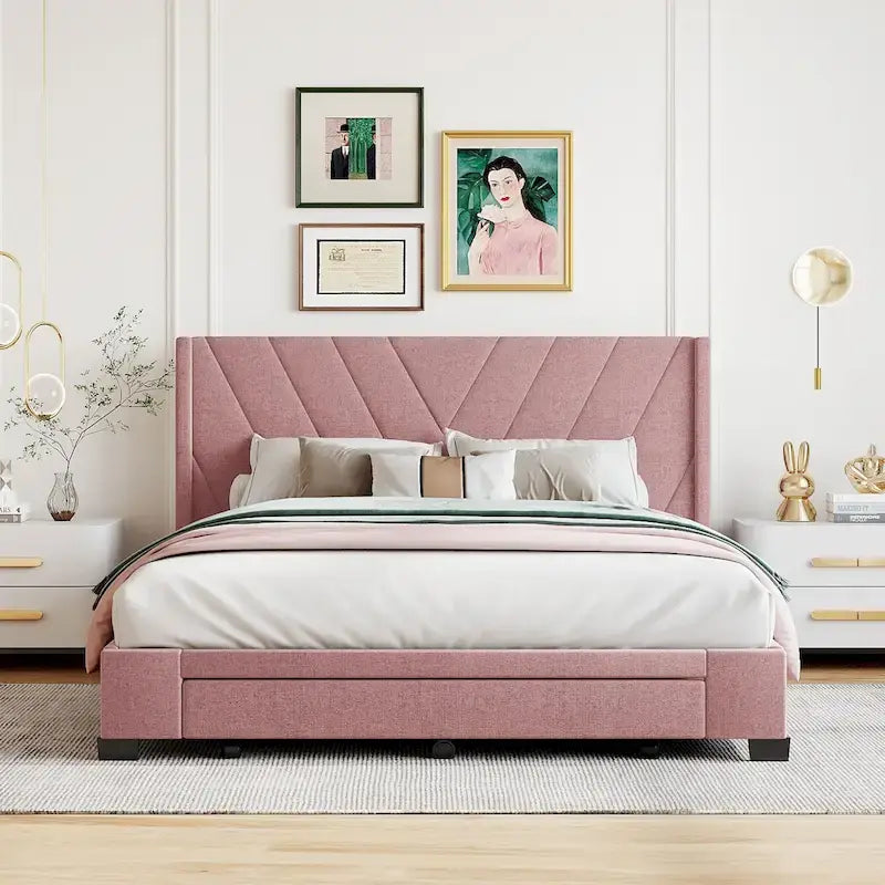 Lit de rangement Queen Size, plateforme capitonnée en lin avec 3 tiroirs