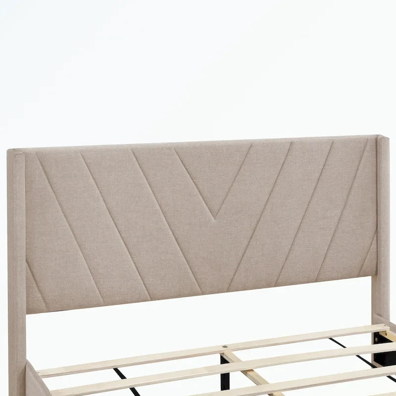 Lit de rangement Queen Size, plateforme capitonnée en lin avec 3 tiroirs