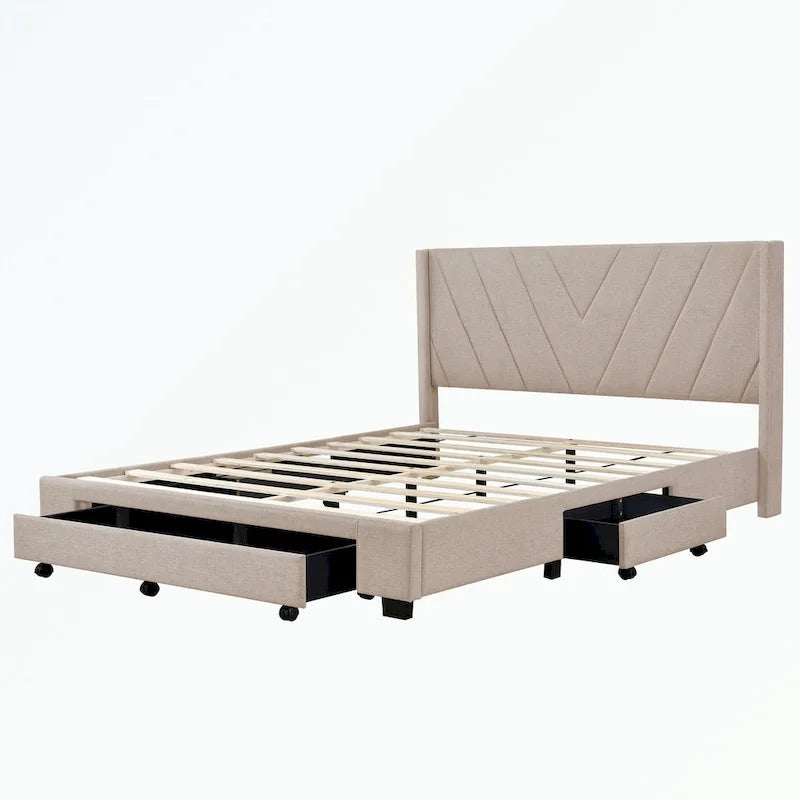 Lit de rangement Queen Size, plateforme capitonnée en lin avec 3 tiroirs