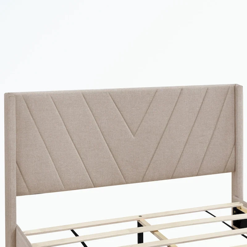 Lit de rangement Queen Size, plateforme capitonnée en lin avec 3 tiroirs