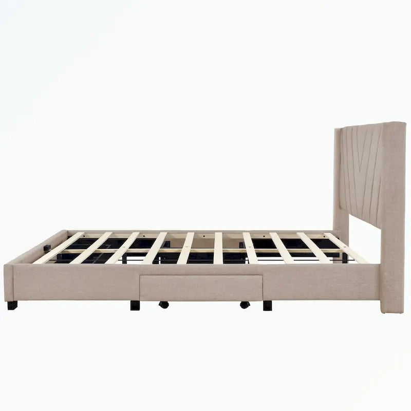 Lit de rangement Queen Size, plateforme capitonnée en lin avec 3 tiroirs