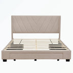 Lit de rangement Queen Size, plateforme capitonnée en lin avec 3 tiroirs