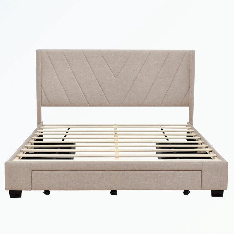 Lit de rangement Queen Size, plateforme capitonnée en lin avec 3 tiroirs
