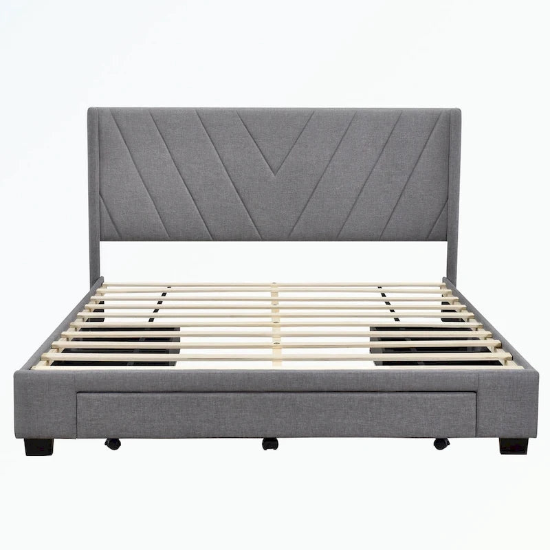 Lit de rangement Queen Size, plateforme capitonnée en lin avec 3 tiroirs