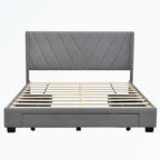 Lit de rangement Queen Size, plateforme capitonnée en lin avec 3 tiroirs
