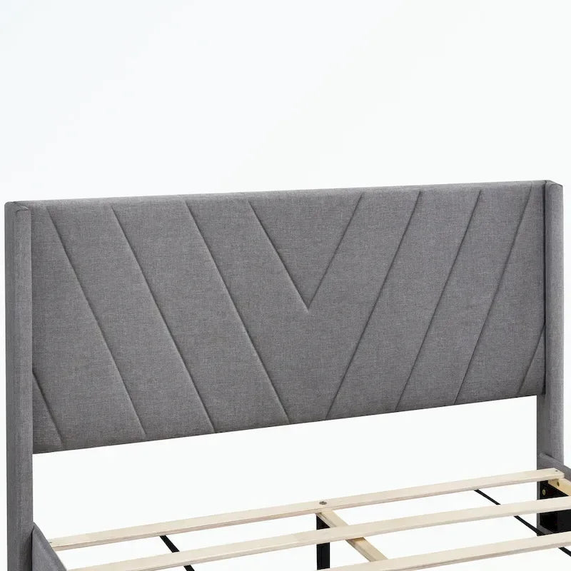 Lit de rangement Queen Size, plateforme capitonnée en lin avec 3 tiroirs