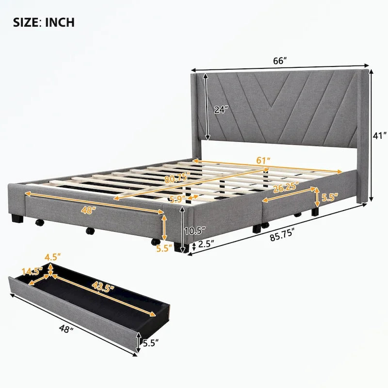 Lit de rangement Queen Size, plateforme capitonnée en lin avec 3 tiroirs