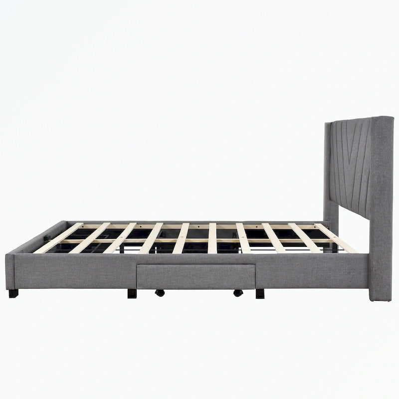 Lit de rangement Queen Size, plateforme capitonnée en lin avec 3 tiroirs