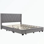 Lit de rangement Queen Size, plateforme capitonnée en lin avec 3 tiroirs