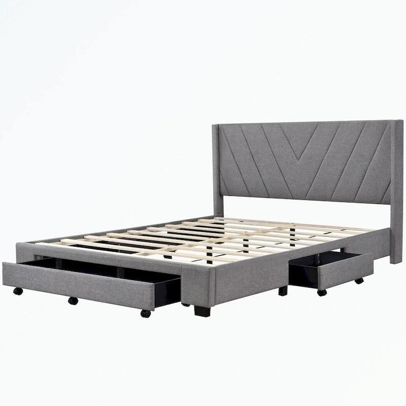 Lit de rangement Queen Size, plateforme capitonnée en lin avec 3 tiroirs
