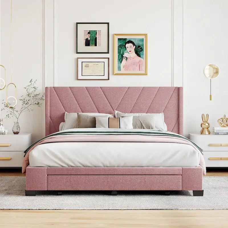 Lit de rangement Queen Size, plateforme capitonnée en lin avec 3 tiroirs