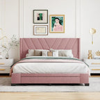 Lit de rangement Queen Size, plateforme capitonnée en lin avec 3 tiroirs