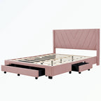 Lit de rangement Queen Size, plateforme capitonnée en lin avec 3 tiroirs