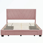 Lit de rangement Queen Size, plateforme capitonnée en lin avec 3 tiroirs