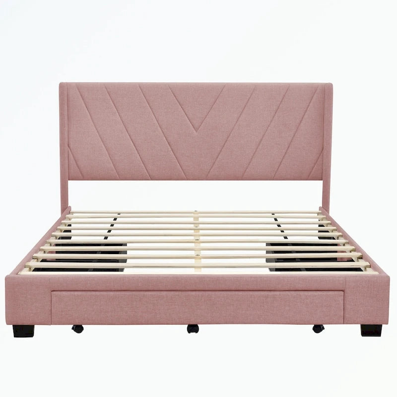 Lit de rangement Queen Size, plateforme capitonnée en lin avec 3 tiroirs