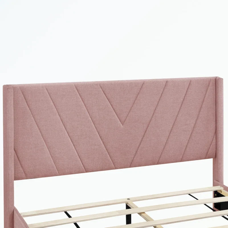 Lit de rangement Queen Size, plateforme capitonnée en lin avec 3 tiroirs