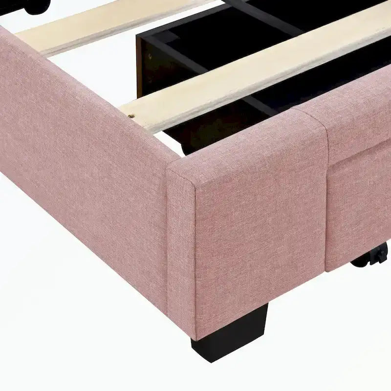 Lit de rangement Queen Size, plateforme capitonnée en lin avec 3 tiroirs