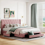 Lit de rangement Queen Size, plateforme capitonnée en lin avec 3 tiroirs