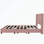 Lit de rangement Queen Size, plateforme capitonnée en lin avec 3 tiroirs