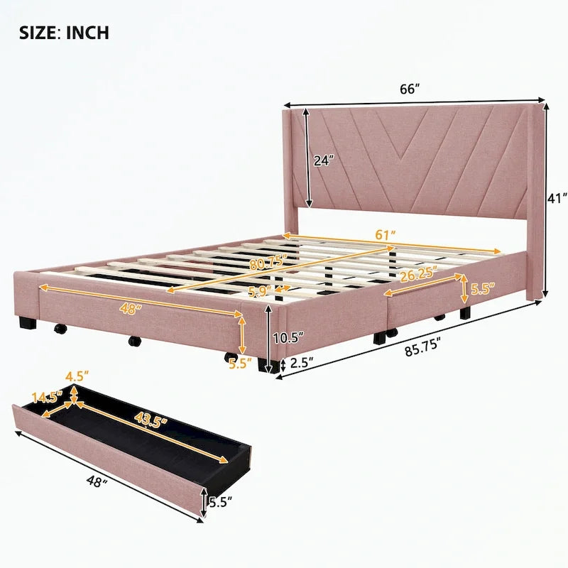 Lit de rangement Queen Size, plateforme capitonnée en lin avec 3 tiroirs