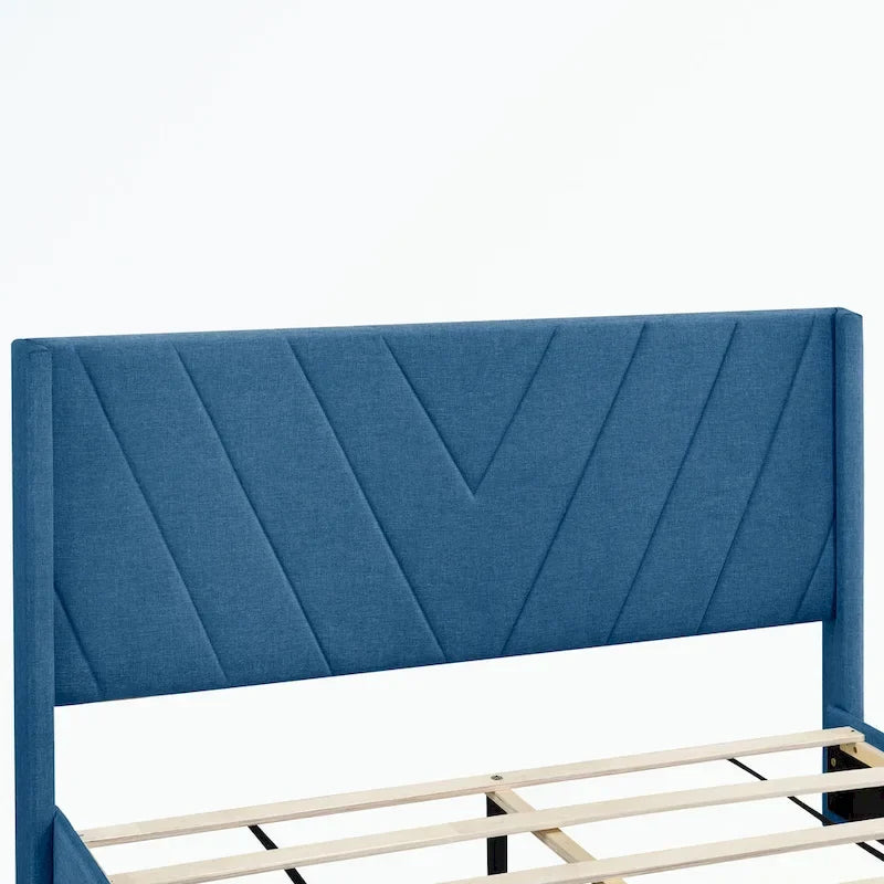 Lit de rangement Queen Size, plateforme capitonnée en lin avec 3 tiroirs