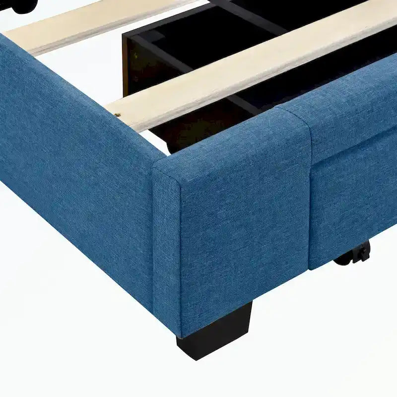 Lit de rangement Queen Size, plateforme capitonnée en lin avec 3 tiroirs