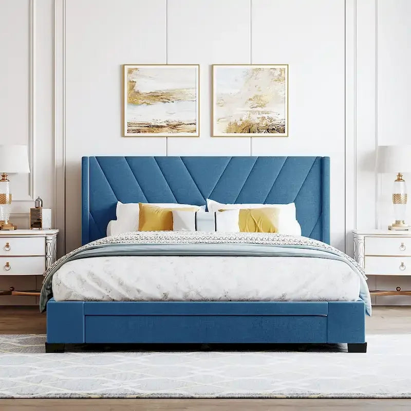 Lit de rangement Queen Size, plateforme capitonnée en lin avec 3 tiroirs