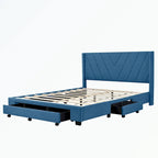 Lit de rangement Queen Size, plateforme capitonnée en lin avec 3 tiroirs