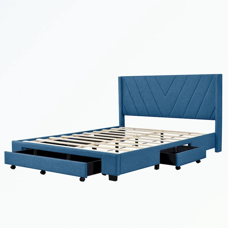 Lit de rangement Queen Size, plateforme capitonnée en lin avec 3 tiroirs