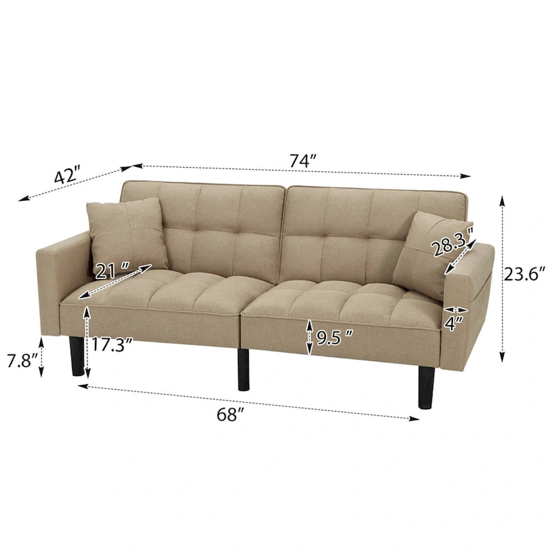 Canapé-lit futon convertible capitonné moderne de 74 po avec 2 oreillers