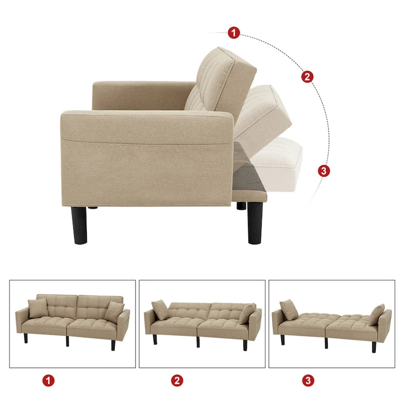 Canapé-lit futon convertible capitonné moderne de 74 po avec 2 oreillers