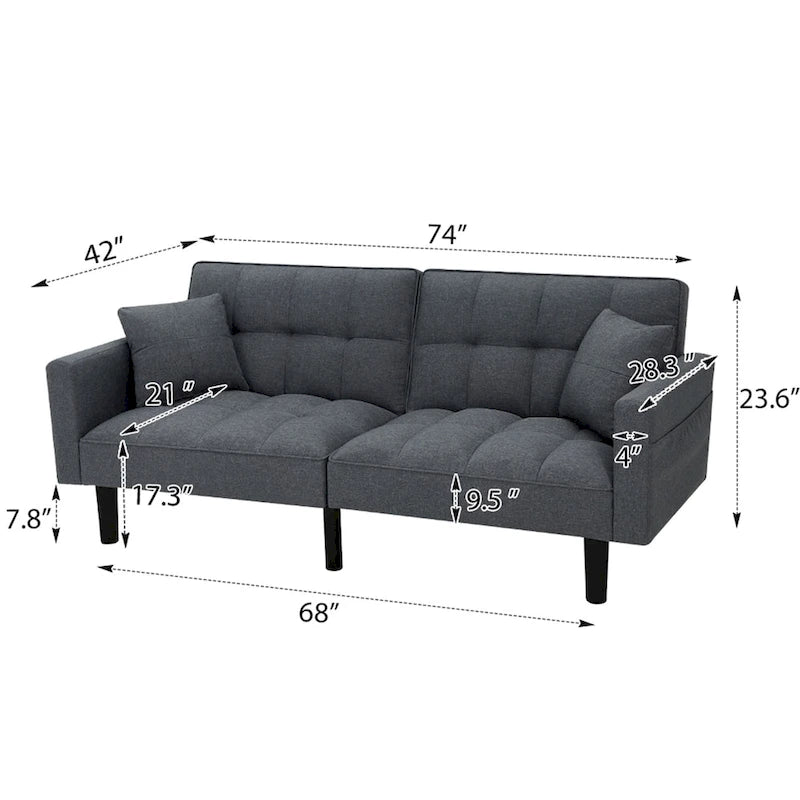 Canapé-lit futon convertible capitonné moderne de 74 po avec 2 oreillers