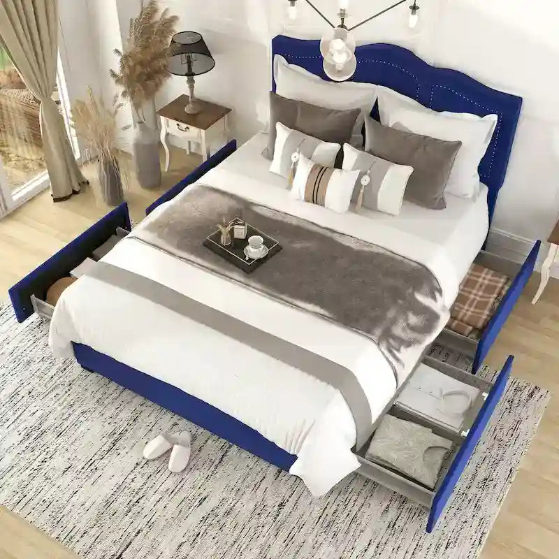Lit plateforme Dustir Art Déco capitonné avec 4 tiroirs de rangement