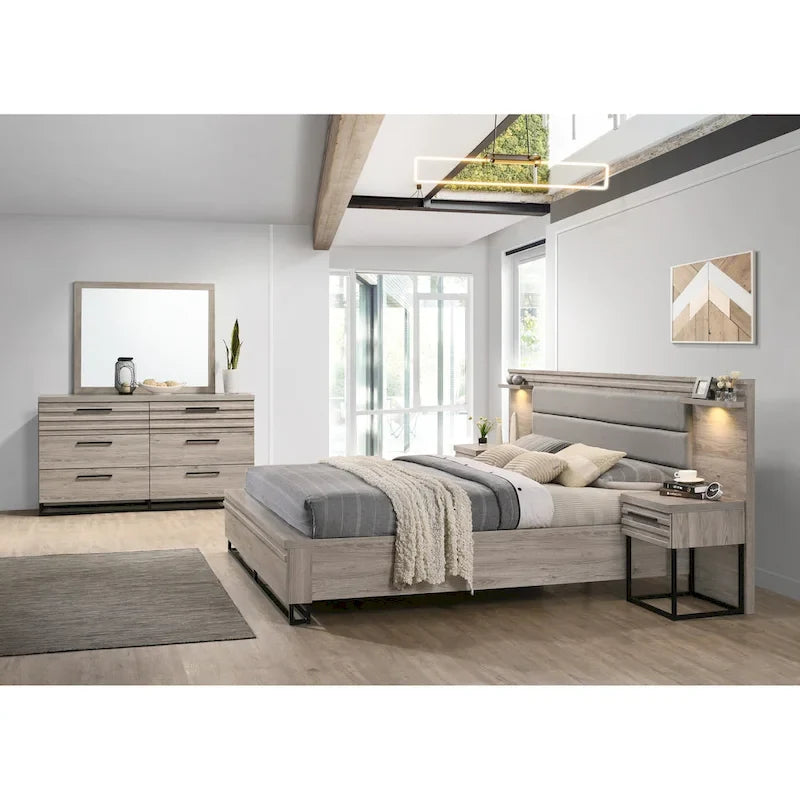 Lit mural Alvear avec lumières LED blanches, commode, miroir et 2 tables de nuit, gris patiné