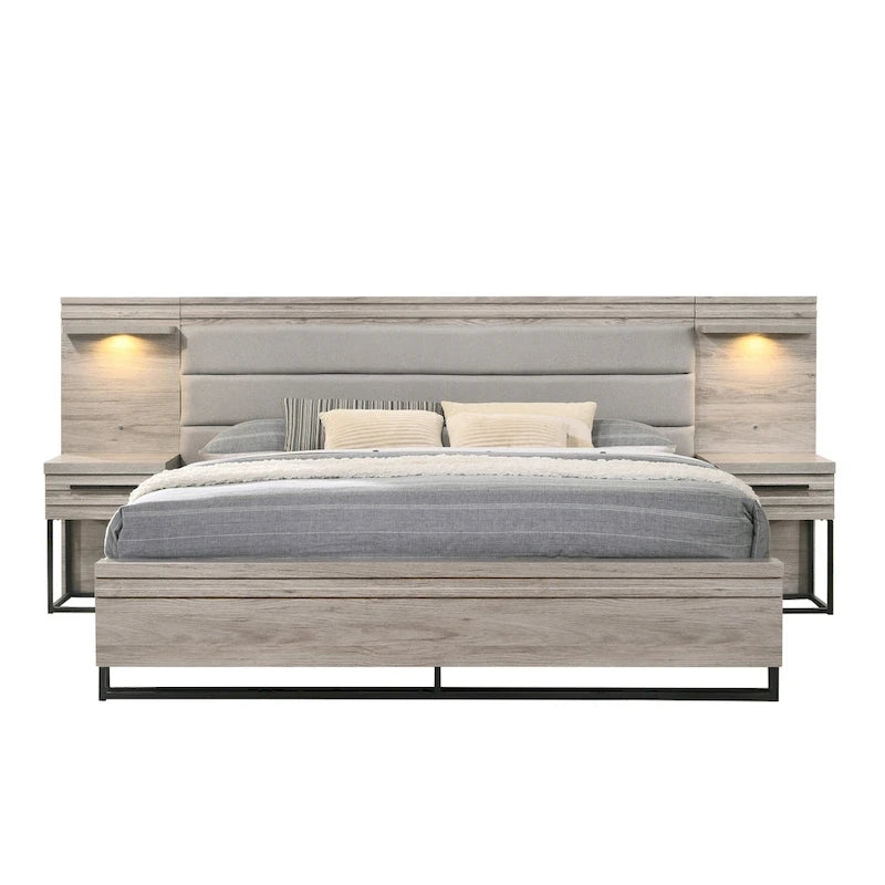 Lit mural Alvear avec lumières LED blanches, commode, miroir et 2 tables de nuit, gris patiné